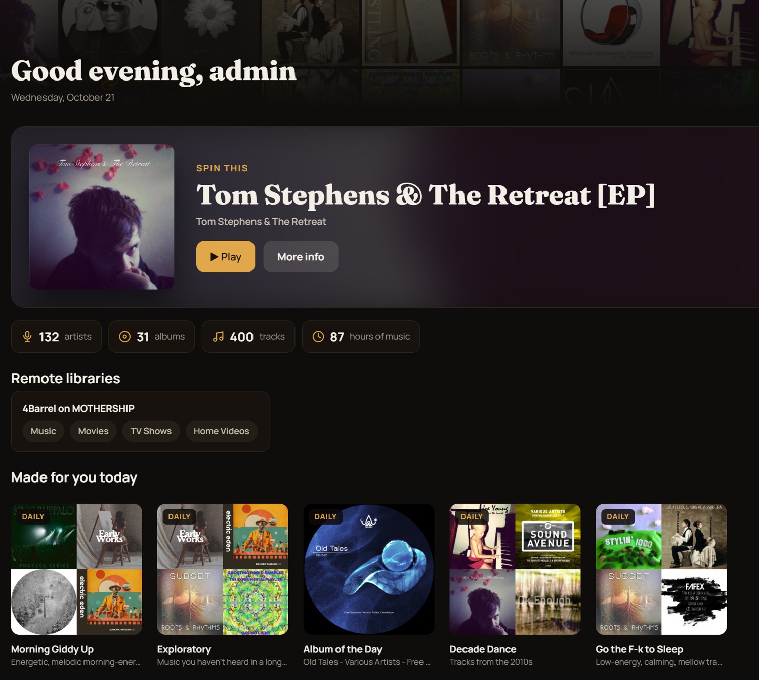 4Barrel home screen with a spin-this album pick, library stats and daily mixes