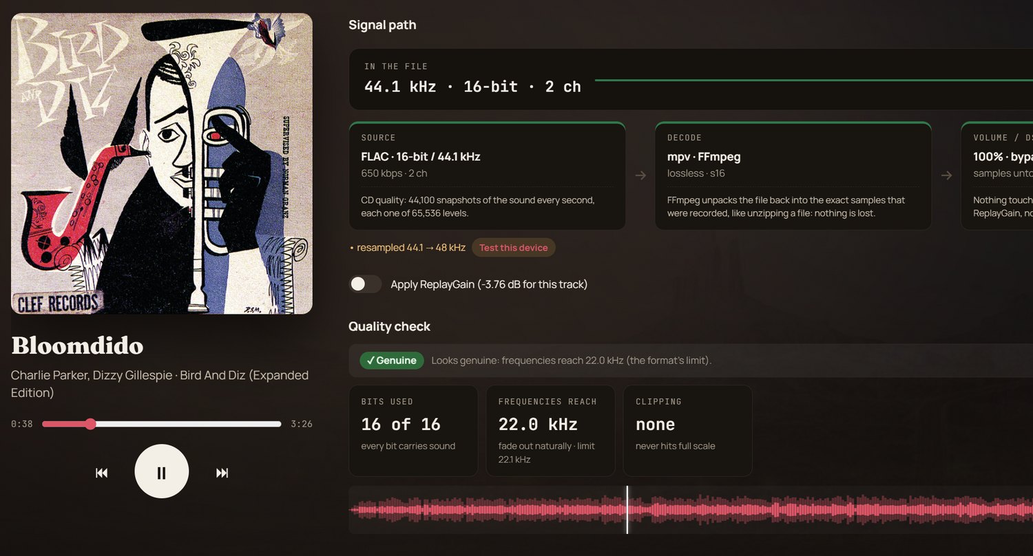 4Barrel Now Playing signal path from FLAC file to output device with quality check